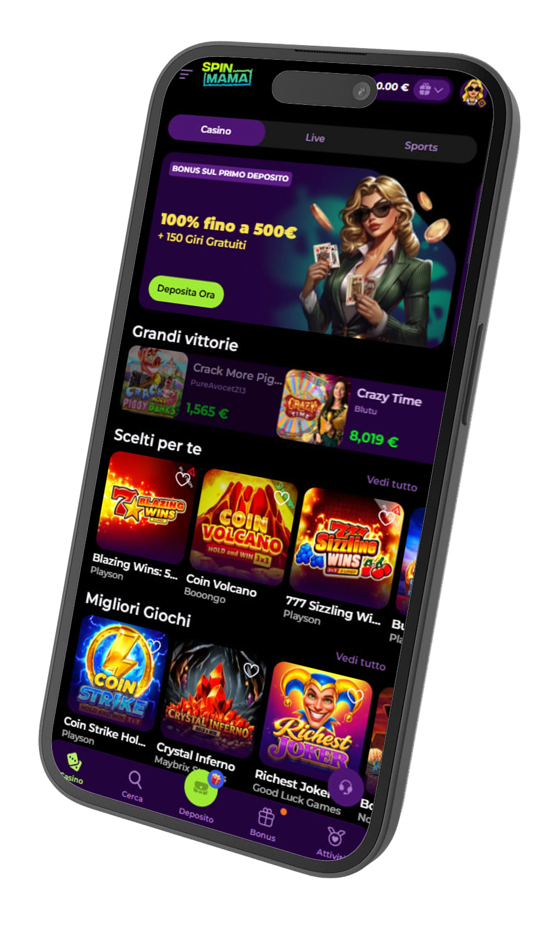 Mockup angolato dell'app SpinMama: vista 3D del dispositivo mobile con interfaccia casino