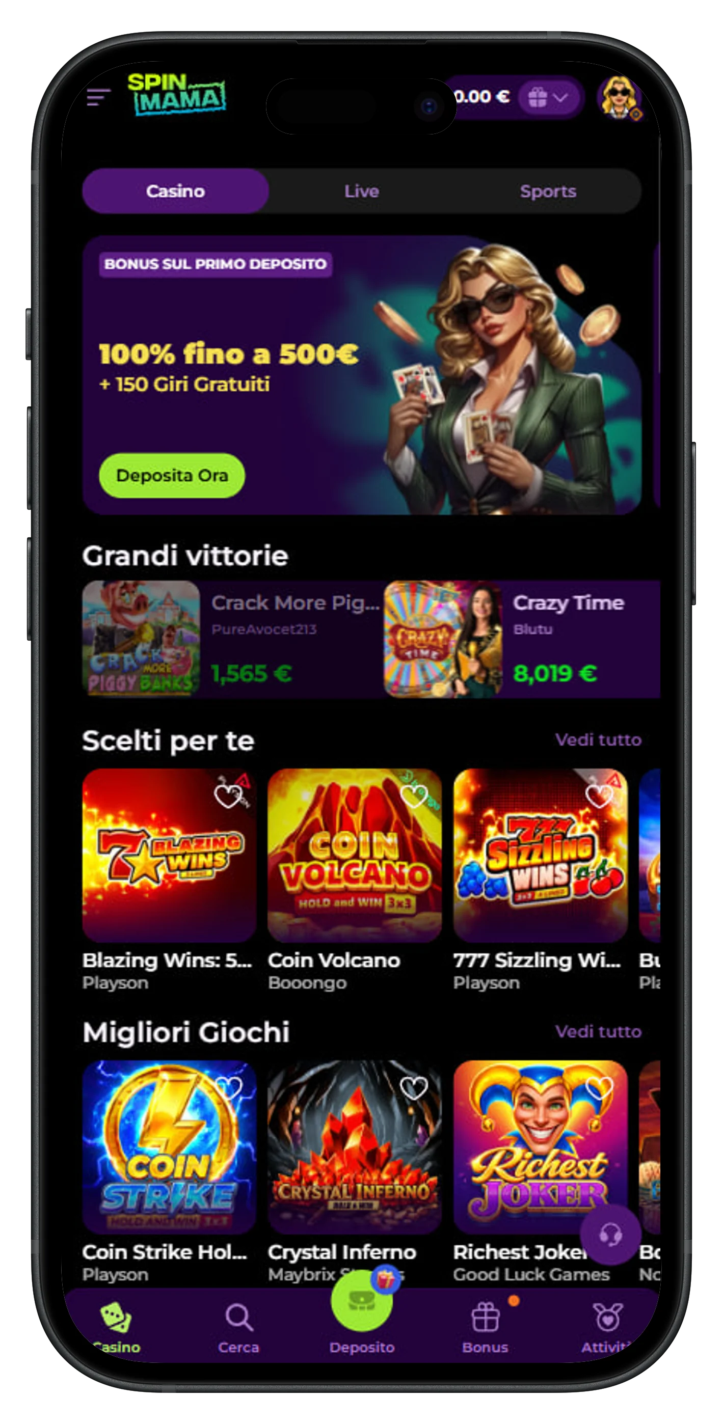 Anteprima del sito SpinMama Casino su mobile — schermata principale con bonus benvenuto e catalogo giochi